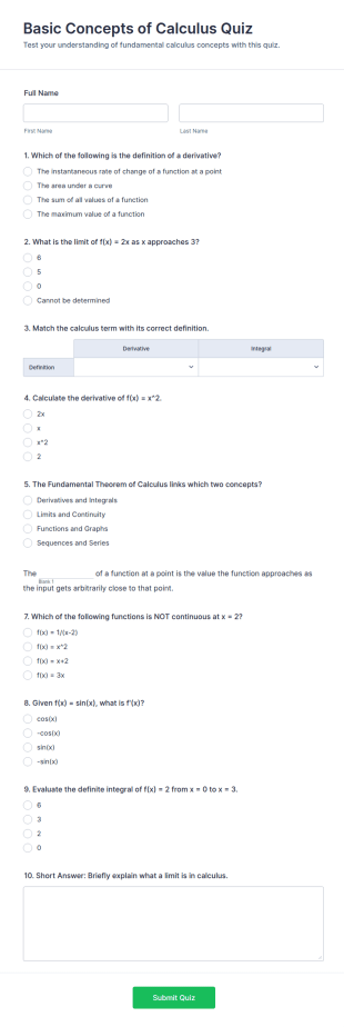 Basic Concepts Of Calculus Quiz Form Template