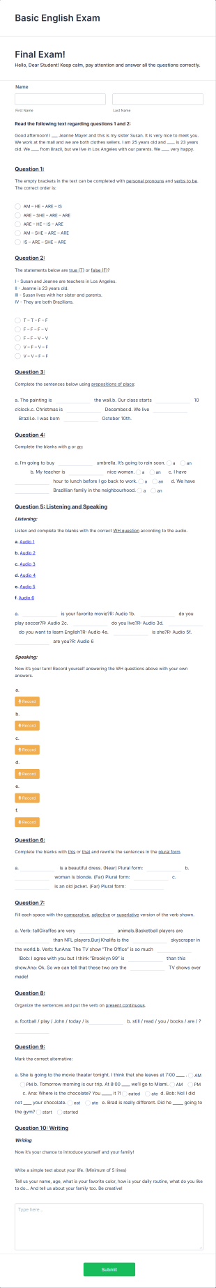 Basic English Exam Form Template