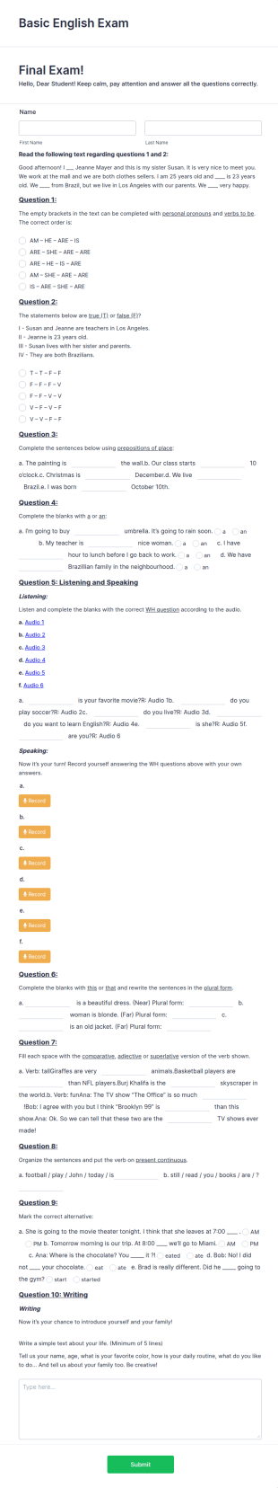 Basic English Exam Form Template