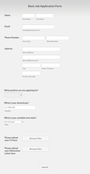 Basic Job Application Form Template
