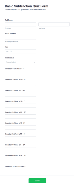 Basic Subtraction Quiz Form Template