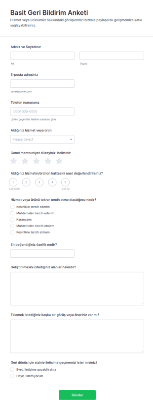 Basit Geri Bildirim Anketi Form Şablonu