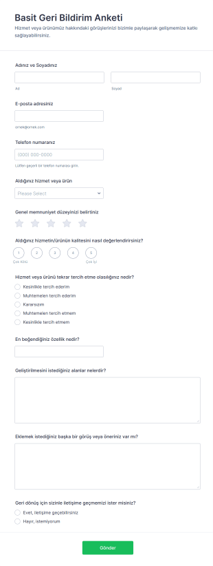 Basit Geri Bildirim Anketi Form Şablonu