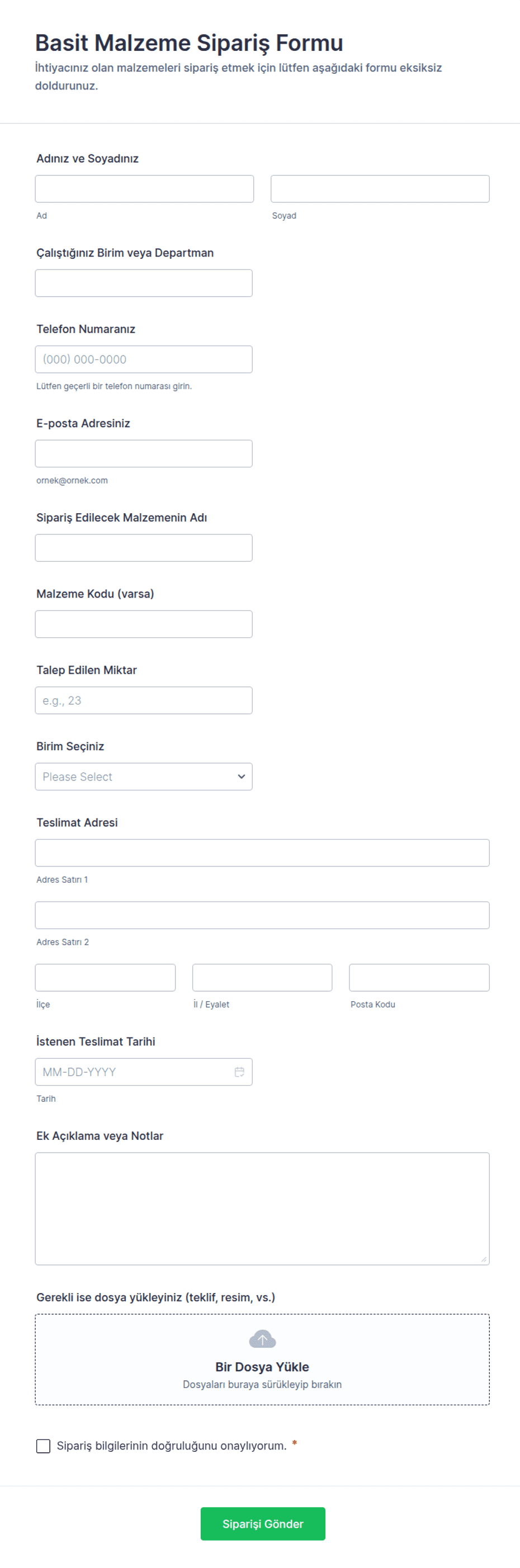 Basit Malzeme Sipariş Form Şablonu | Jotform