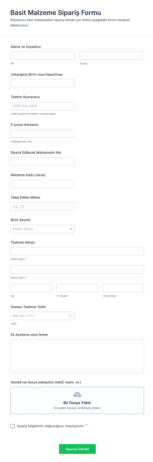 Basit Malzeme Sipariş Form Şablonu