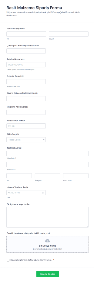 Basit Malzeme Sipariş Form Şablonu