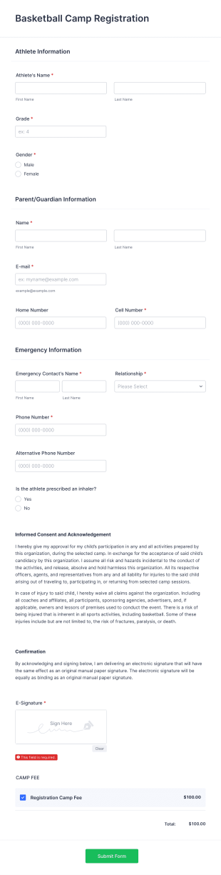 Basketball Camp Registration Form Template