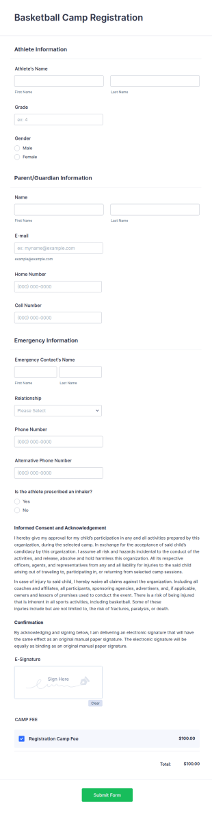 Basketball Camp Registration Form Template