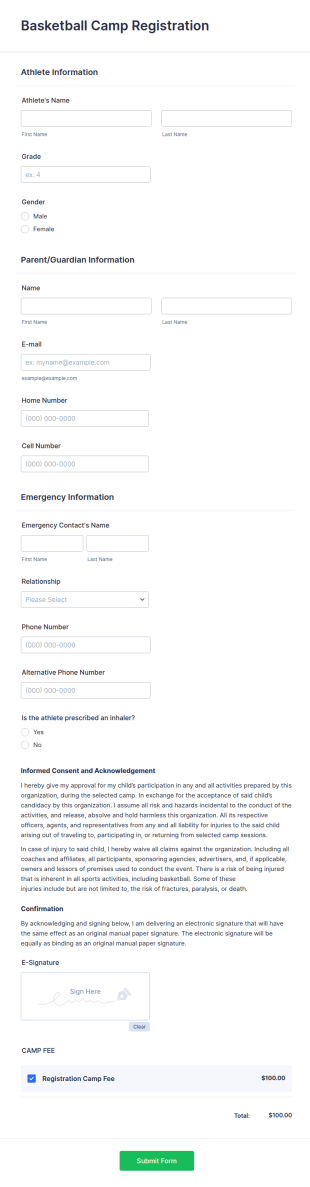 Basketball Camp Registration Form Template