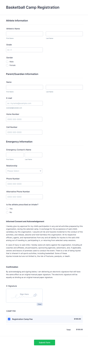 Basketball Camp Registration Form Template
