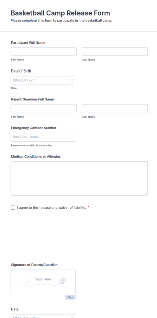 Basketball Camp Release Form Template