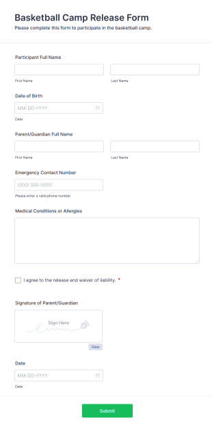 Basketball Camp Release Form Template