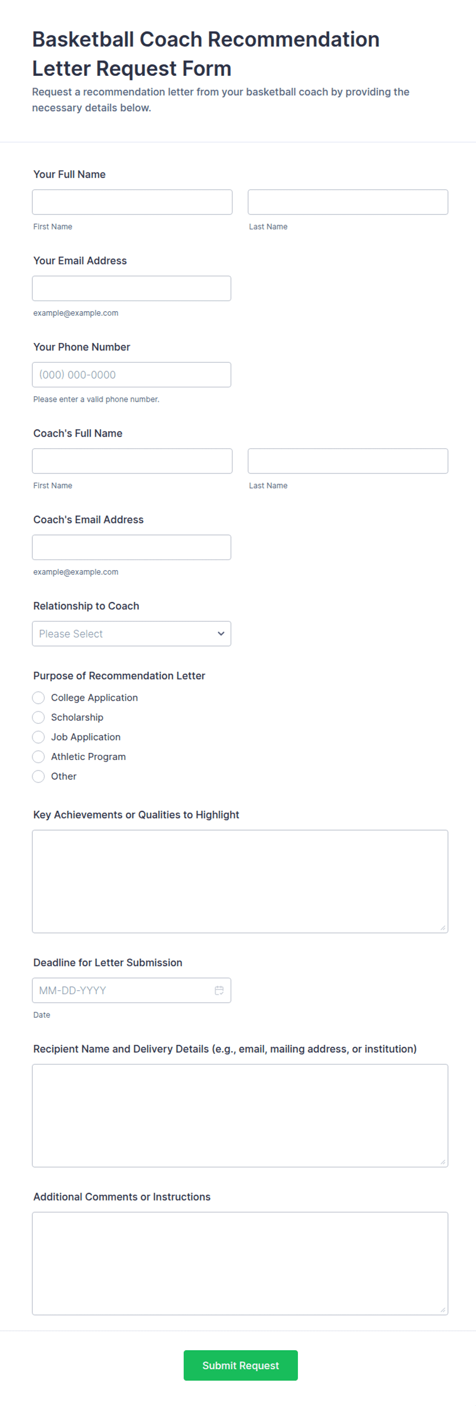 Basketball Coach Recommendation Letter Request Form Template | Jotform