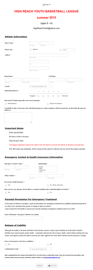 Basketball Contest Registration Form Template