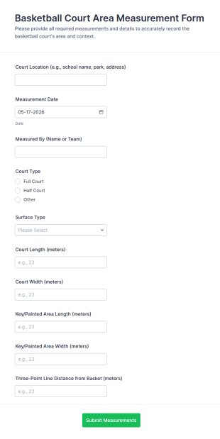 Basketball Court Area Measurement Form Template