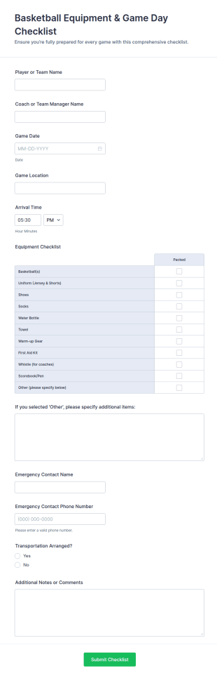 Basketball Equipment & Game Day Checklist Form Template
