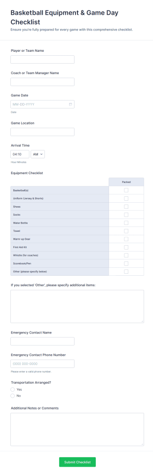 Basketball Equipment & Game Day Checklist Form Template