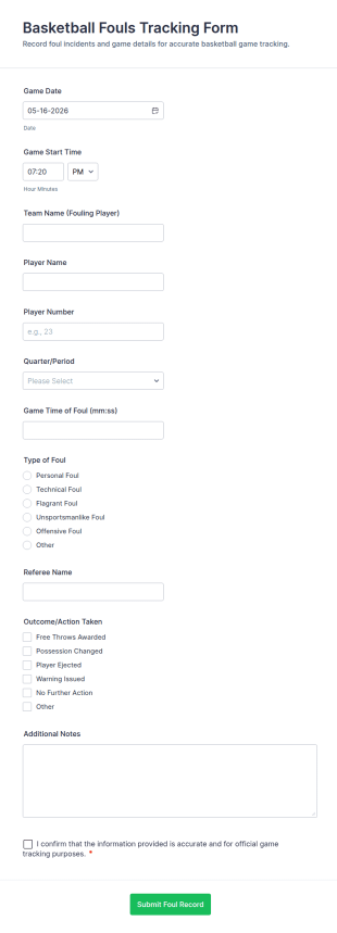 Basketball Fouls Tracking Form Template