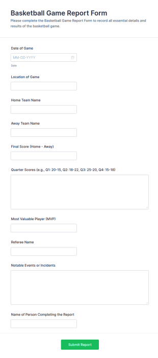 Basketball Game Report Form Template