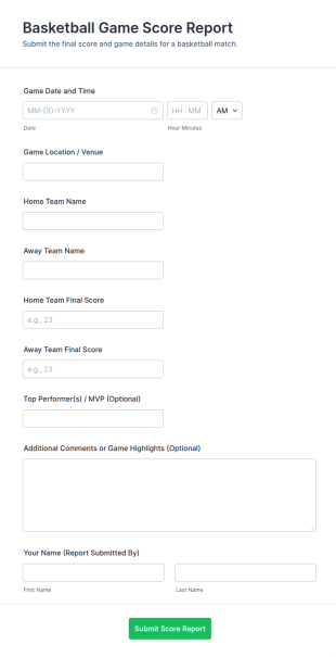 Basketball Game Score Report Form Template