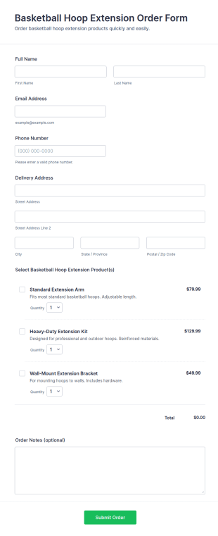 Basketball Hoop Extension Order Form Template