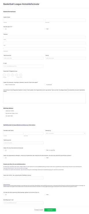 Basketball League Anmeldeformular Form Template