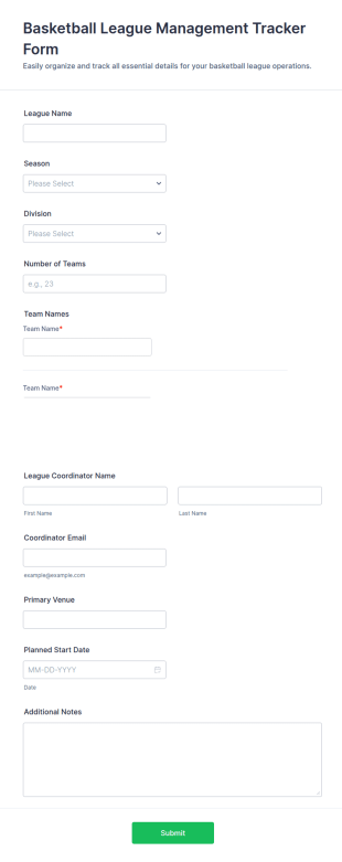 Basketball League Management Tracker Form Template