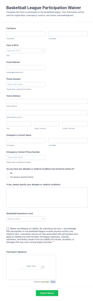 Basketball League Participation Waiver Form Template