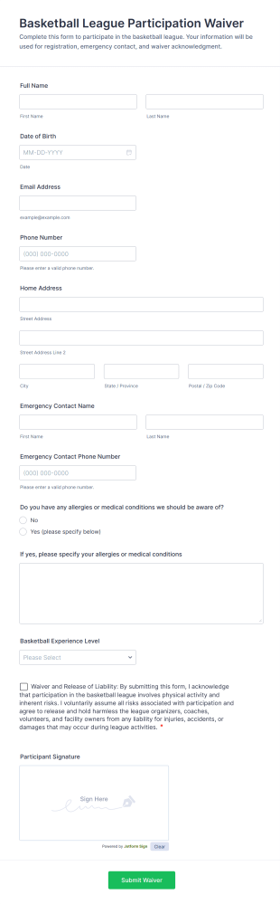Basketball League Participation Waiver Form Template