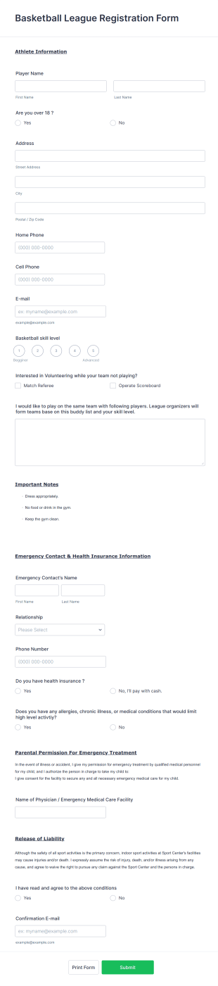 Basketball League Registration Form Template