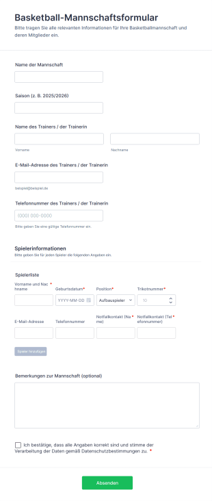 Basketball Mannschaftsformular