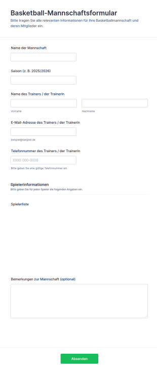 Basketball Mannschaftsformular