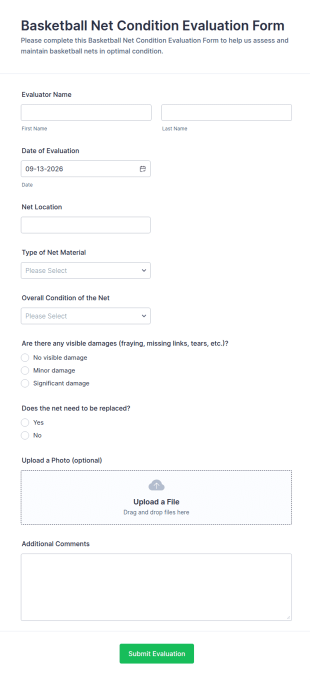 Basketball Net Condition Evaluation Form Template