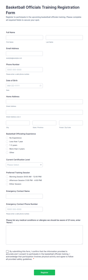 Basketball Officials Training Registration Form Template
