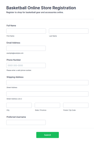 Basketball Online Store Registration Form Template