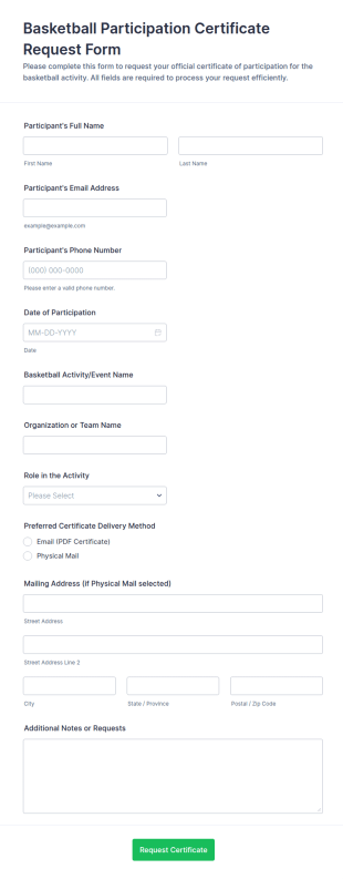 Basketball Participation Certificate Request Form Template