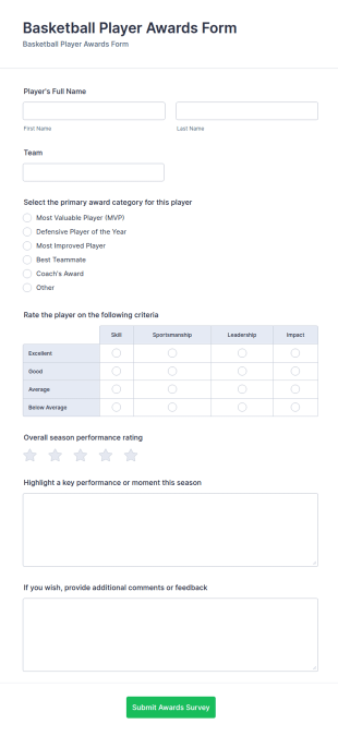 Basketball Player Awards Survey Form Template