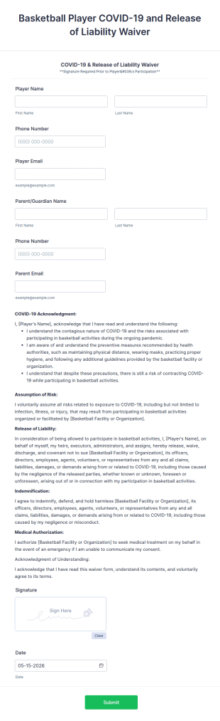 Basketball Player COVID 19 And Release Of Liability Waiver Form Template