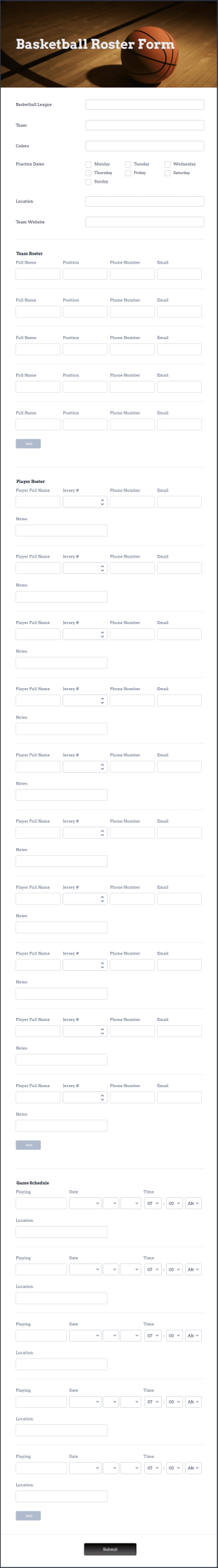 Basketball Roster Form Template