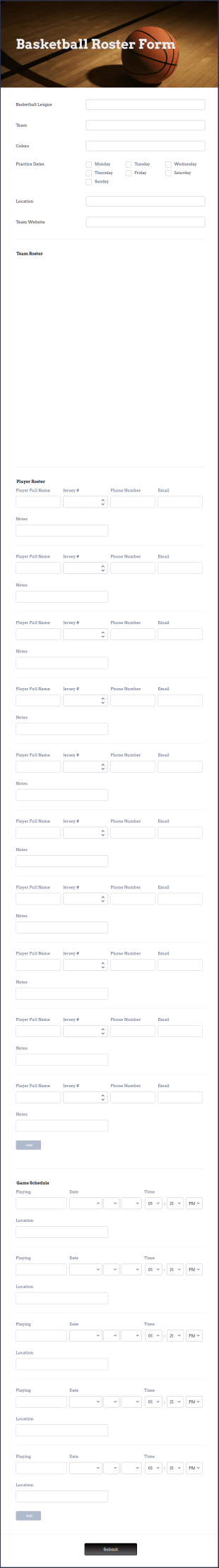 Basketball Roster Form Template