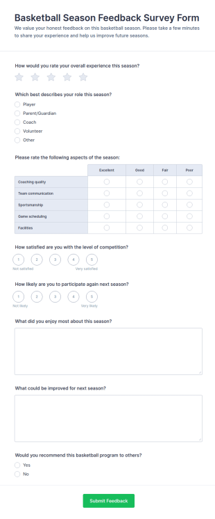 Basketball Season Feedback Survey Form Template