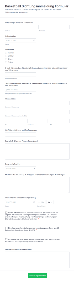 Basketball Sichtungsanmeldung Formular