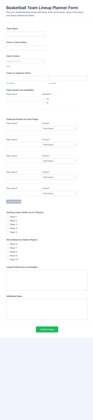 Basketball Team Lineup Planner Form Template