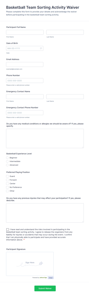 Basketball Team Sorting Activity Waiver Form Template