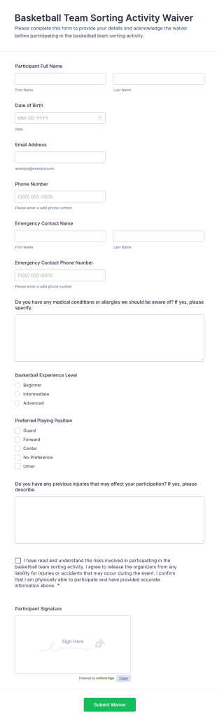 Basketball Team Sorting Activity Waiver Form Template