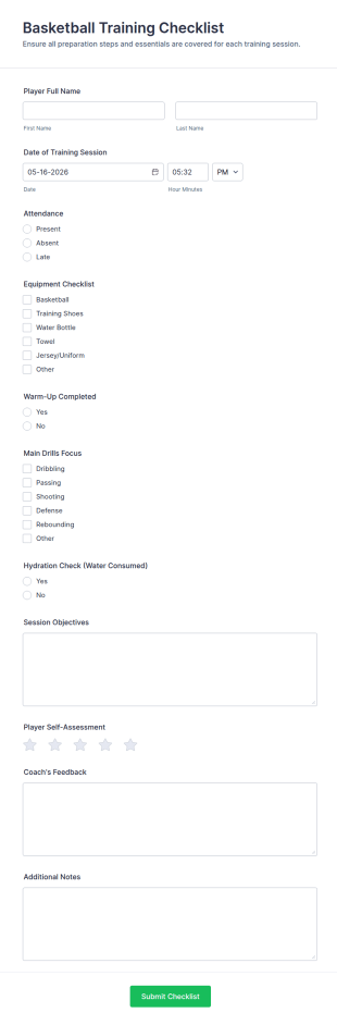 Basketball Training Checklist Form Template