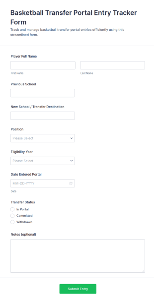 Basketball Transfer Portal Entry Tracker Form Template