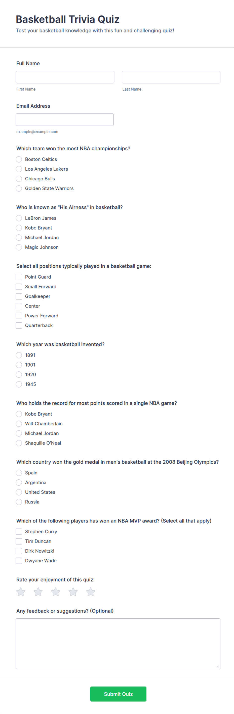Basketball Trivia Quiz Form Template | Jotform