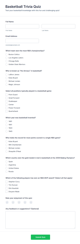 Basketball Trivia Quiz Form Template