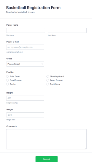 Basketball Tryout Registration Form Template